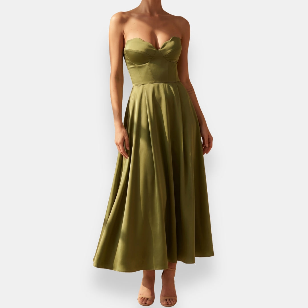 Vestido Olivette | Midi Satinado con Escote Corazón